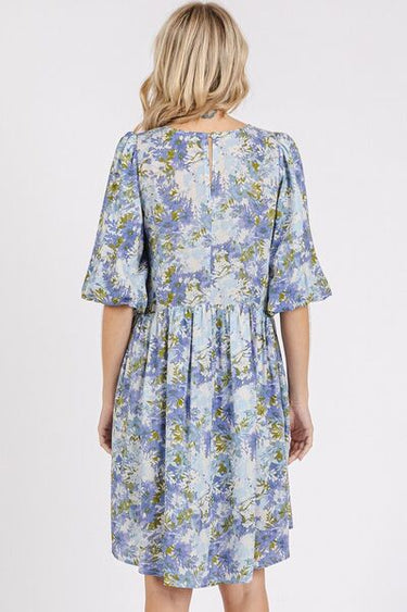 Flower Linen Blend Blue Mini Dress